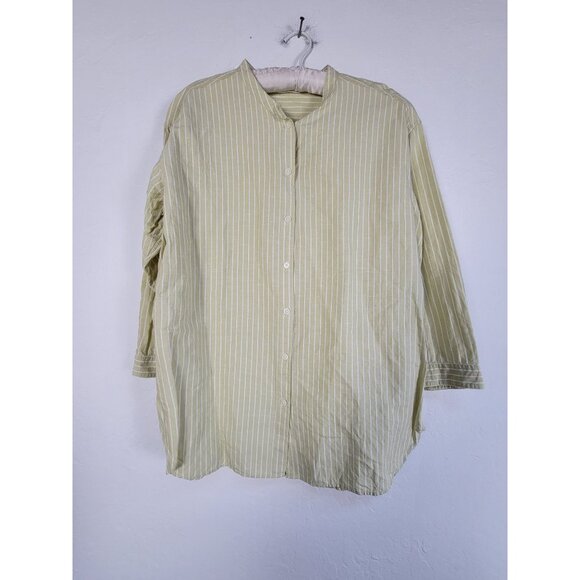 Uniqlo Womens Green White Striped Linen Blend Band Collar 3/4 Sleeve Shirt Large - Picture 1 of 8